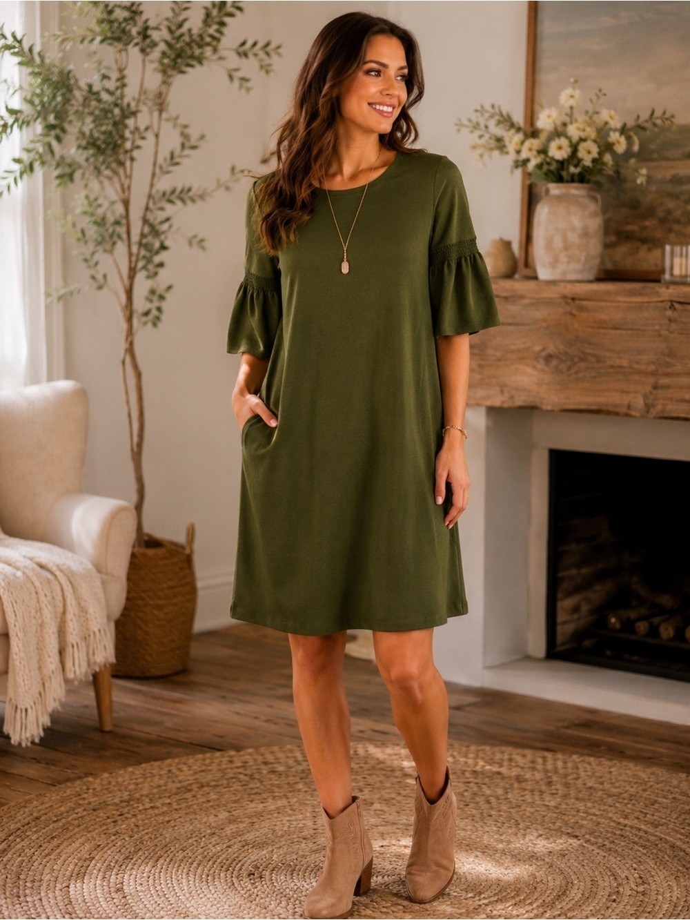 Agnes & Dora Olive Green Bell Sleeve Shift Dress XL NWT Modest Soft Knit